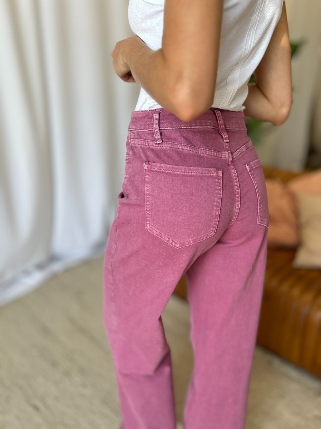 ROYALTY FOR ME - High Rise Garment Dye Wide Leg Jeans in French Rose