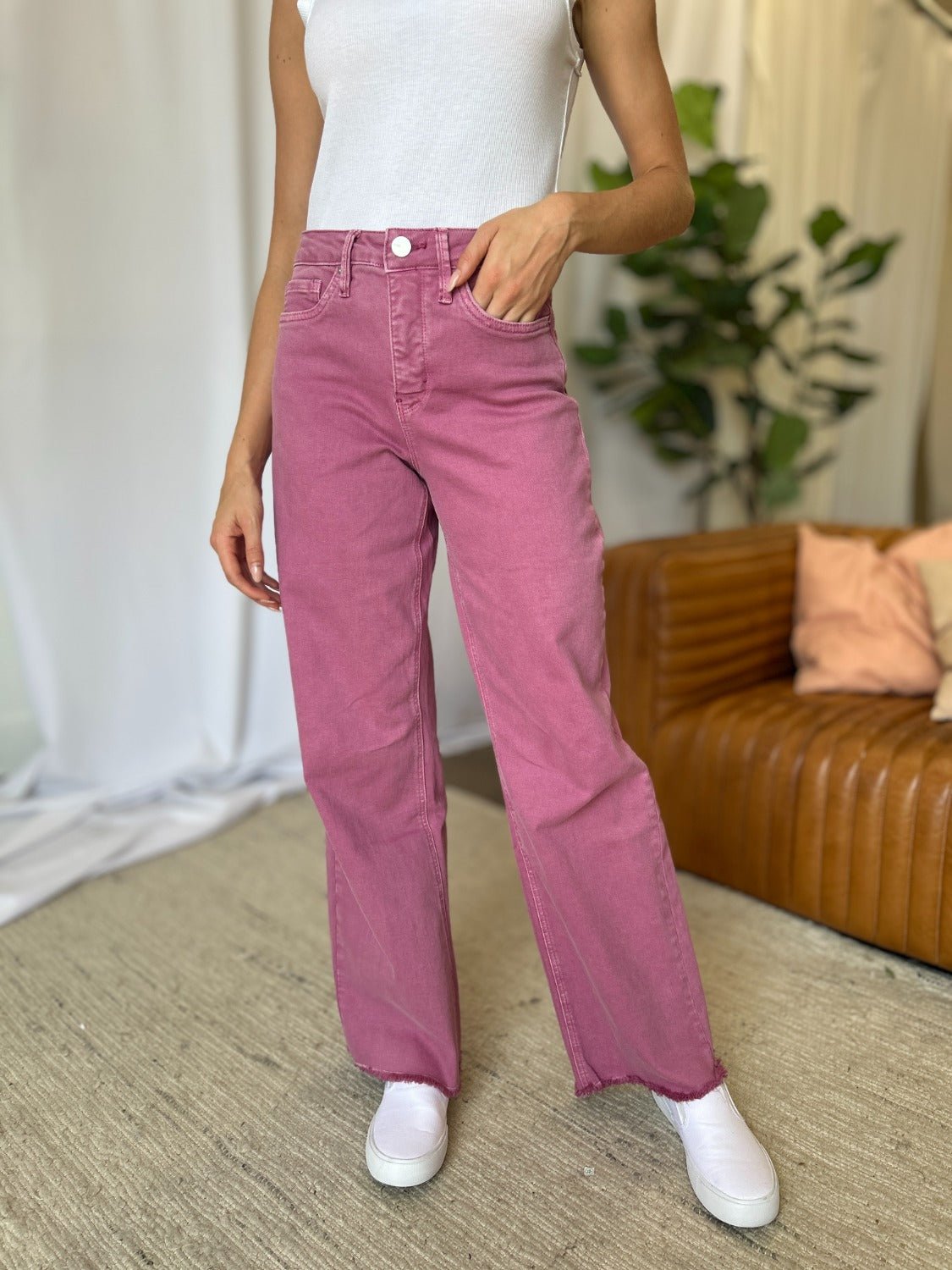 ROYALTY FOR ME - High Rise Garment Dye Wide Leg Jeans in French Rose