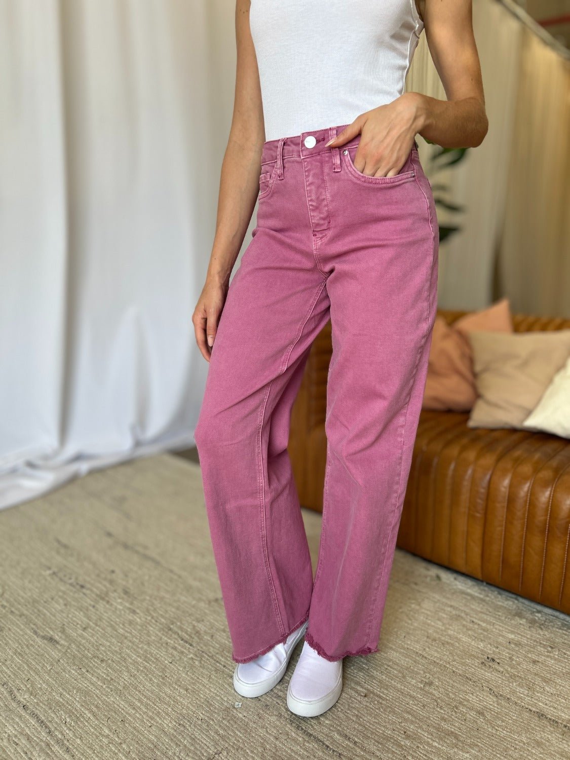 ROYALTY FOR ME - High Rise Garment Dye Wide Leg Jeans in French Rose