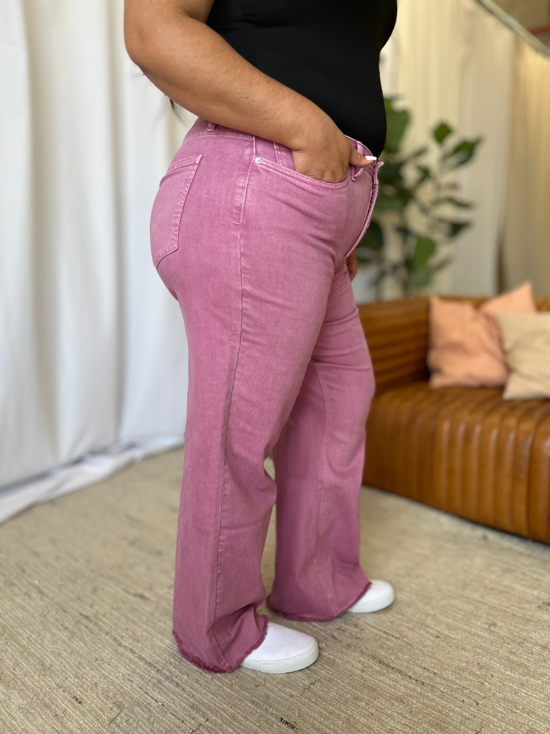 ROYALTY FOR ME - High Rise Garment Dye Wide Leg Jeans in French Rose