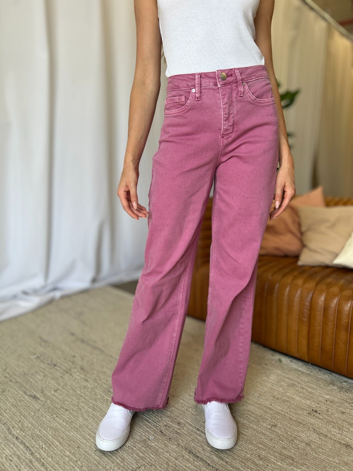 ROYALTY FOR ME - High Rise Garment Dye Wide Leg Jeans in French Rose