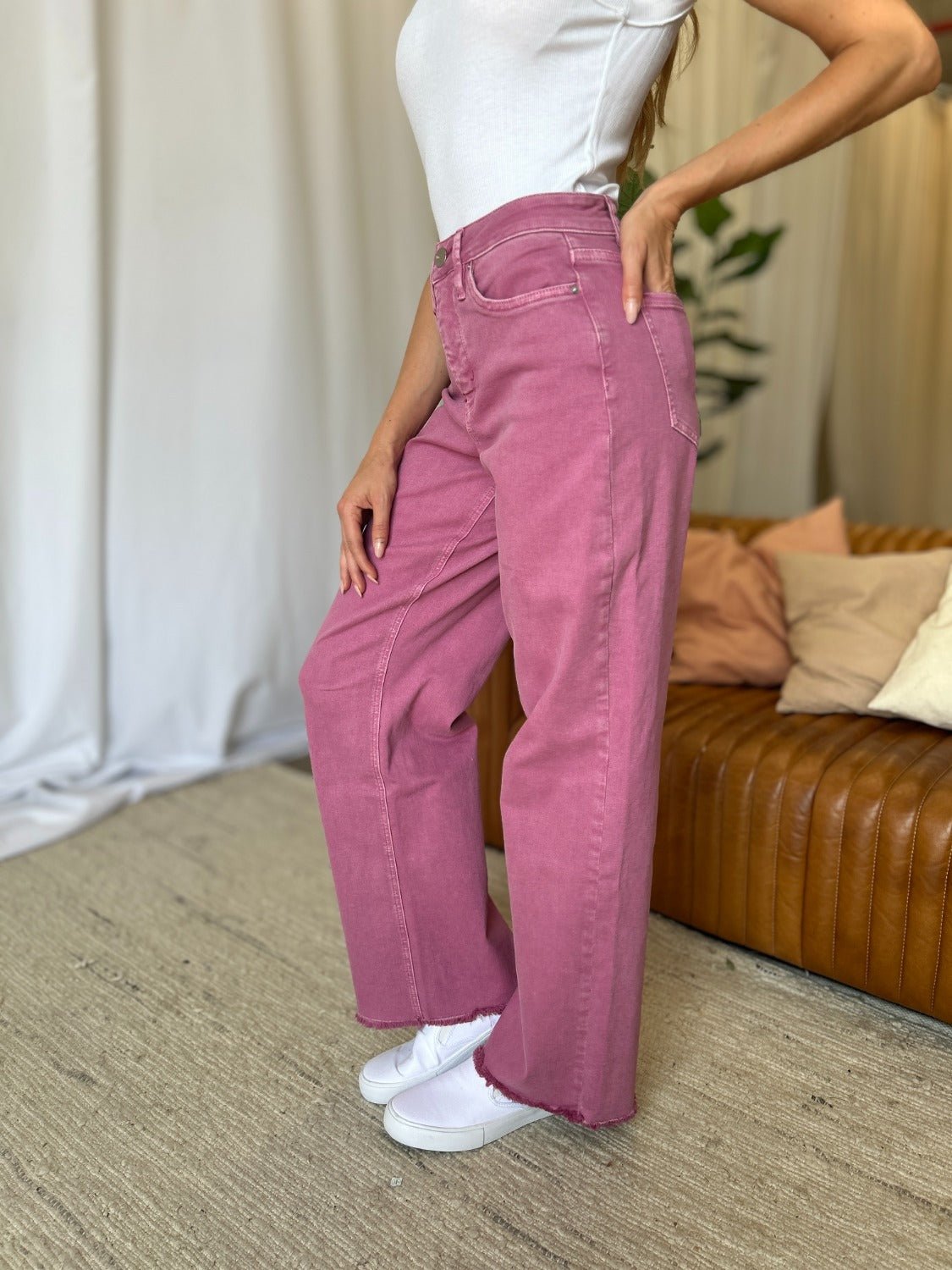 ROYALTY FOR ME - High Rise Garment Dye Wide Leg Jeans in French Rose