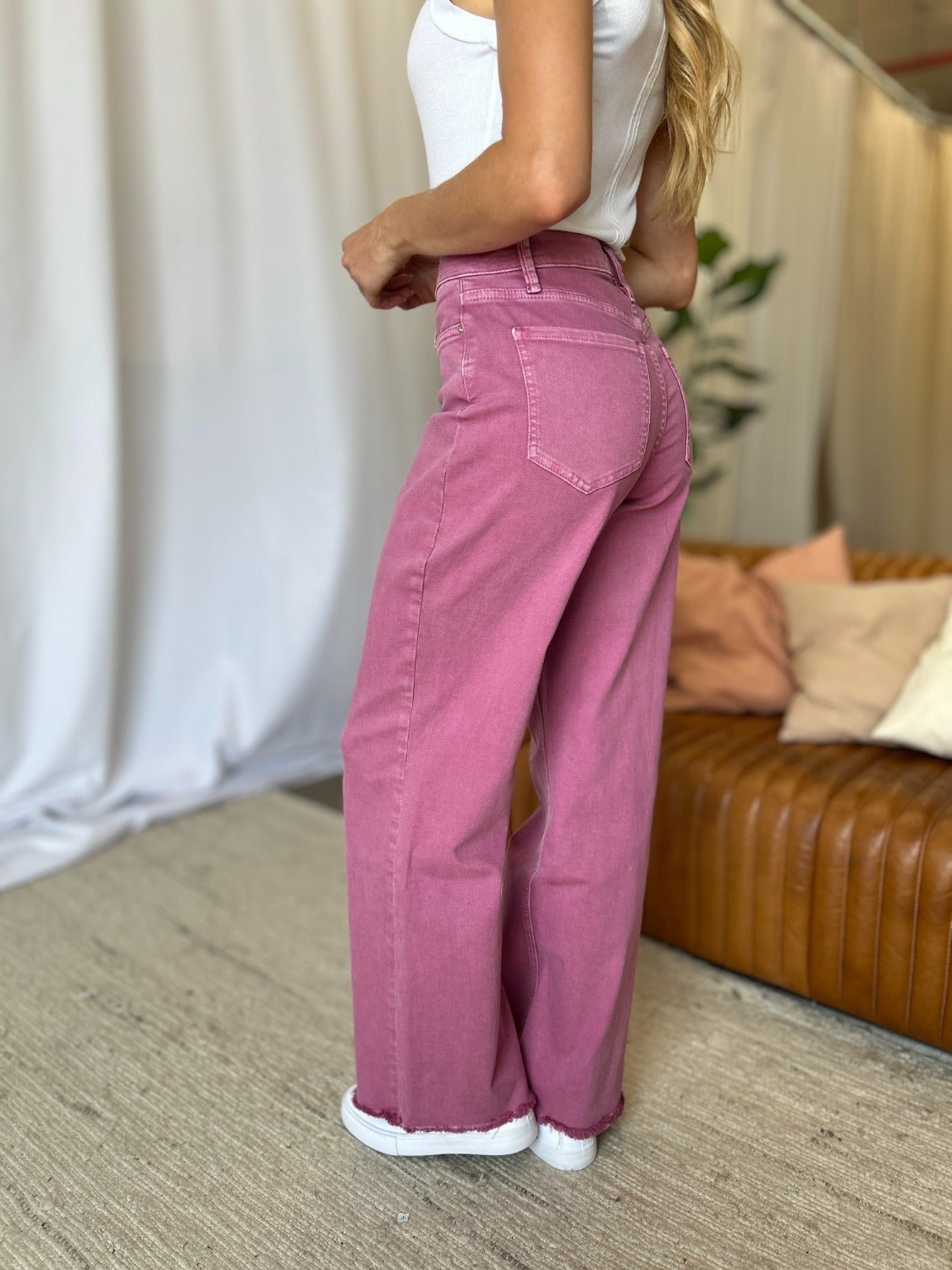 ROYALTY FOR ME - High Rise Garment Dye Wide Leg Jeans in French Rose