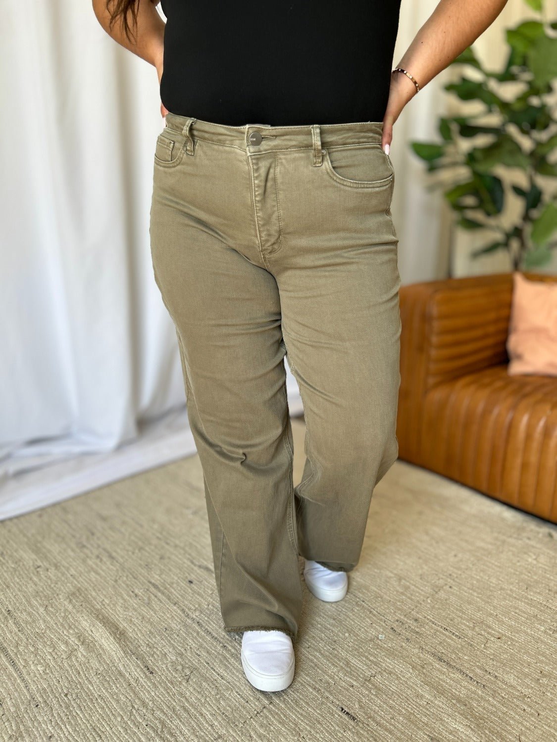 ROYALTY FOR ME - High Rise Garment Dye Wide Leg Jeans in Sage