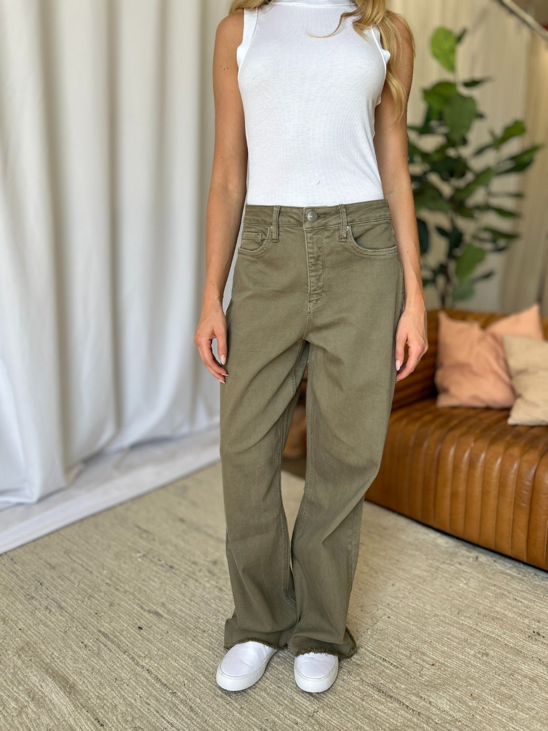 ROYALTY FOR ME - High Rise Garment Dye Wide Leg Jeans in Sage