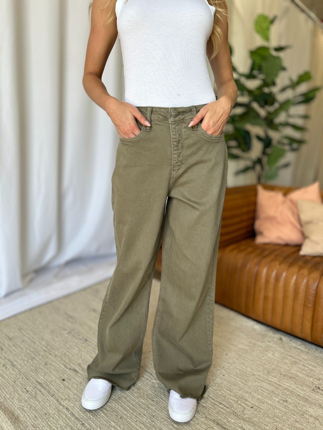 ROYALTY FOR ME - High Rise Garment Dye Wide Leg Jeans in Sage