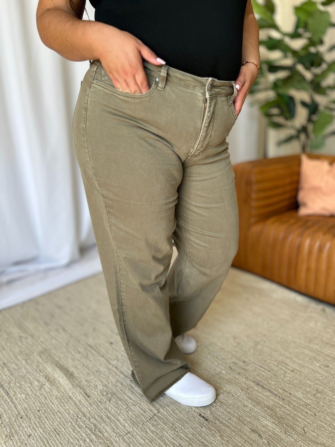 ROYALTY FOR ME - High Rise Garment Dye Wide Leg Jeans in Sage