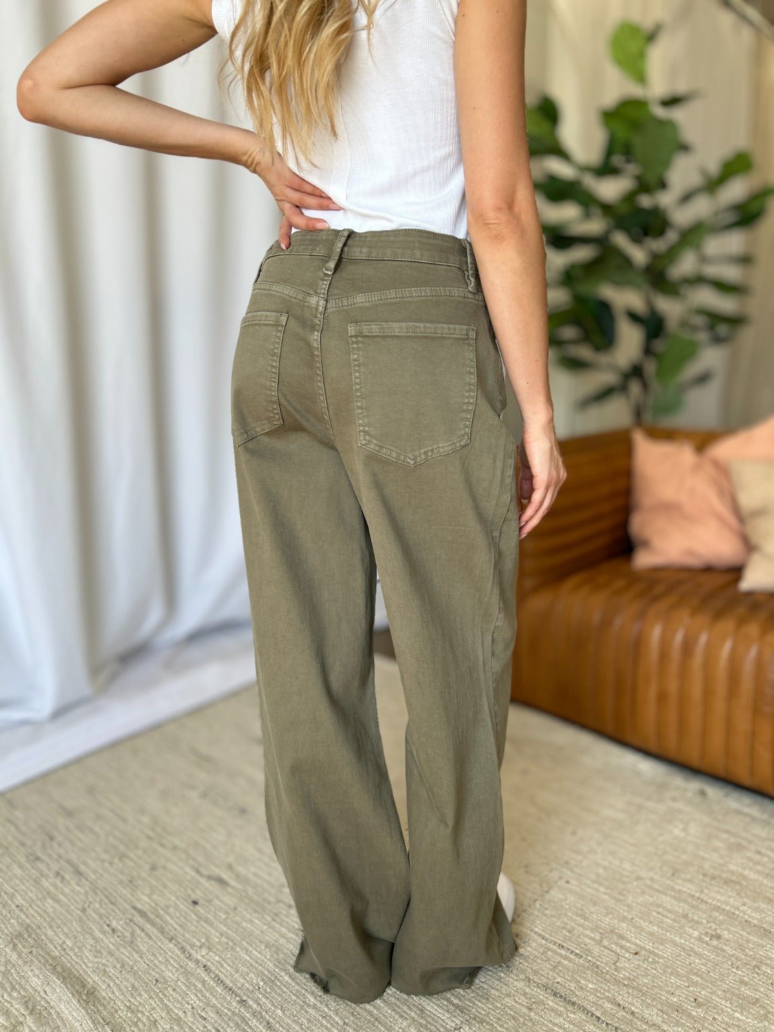 ROYALTY FOR ME - High Rise Garment Dye Wide Leg Jeans in Sage