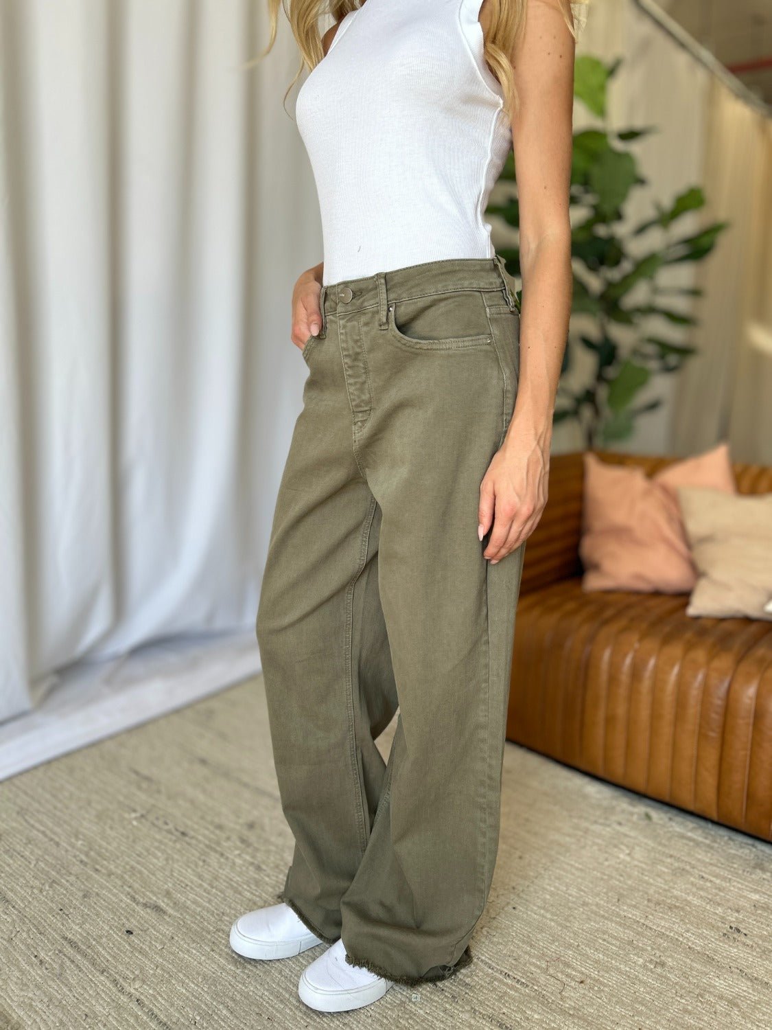 ROYALTY FOR ME - High Rise Garment Dye Wide Leg Jeans in Sage