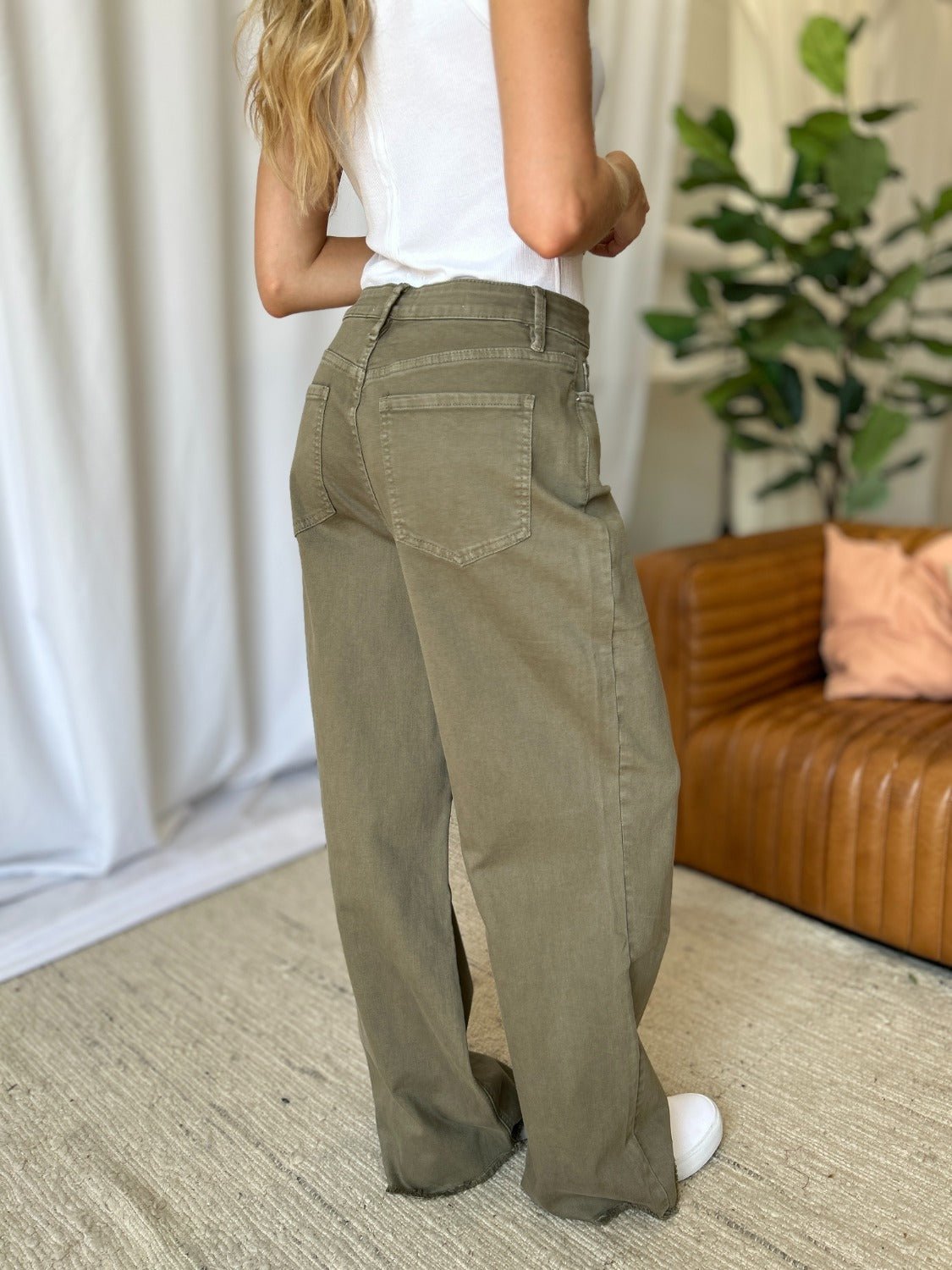 ROYALTY FOR ME - High Rise Garment Dye Wide Leg Jeans in Sage