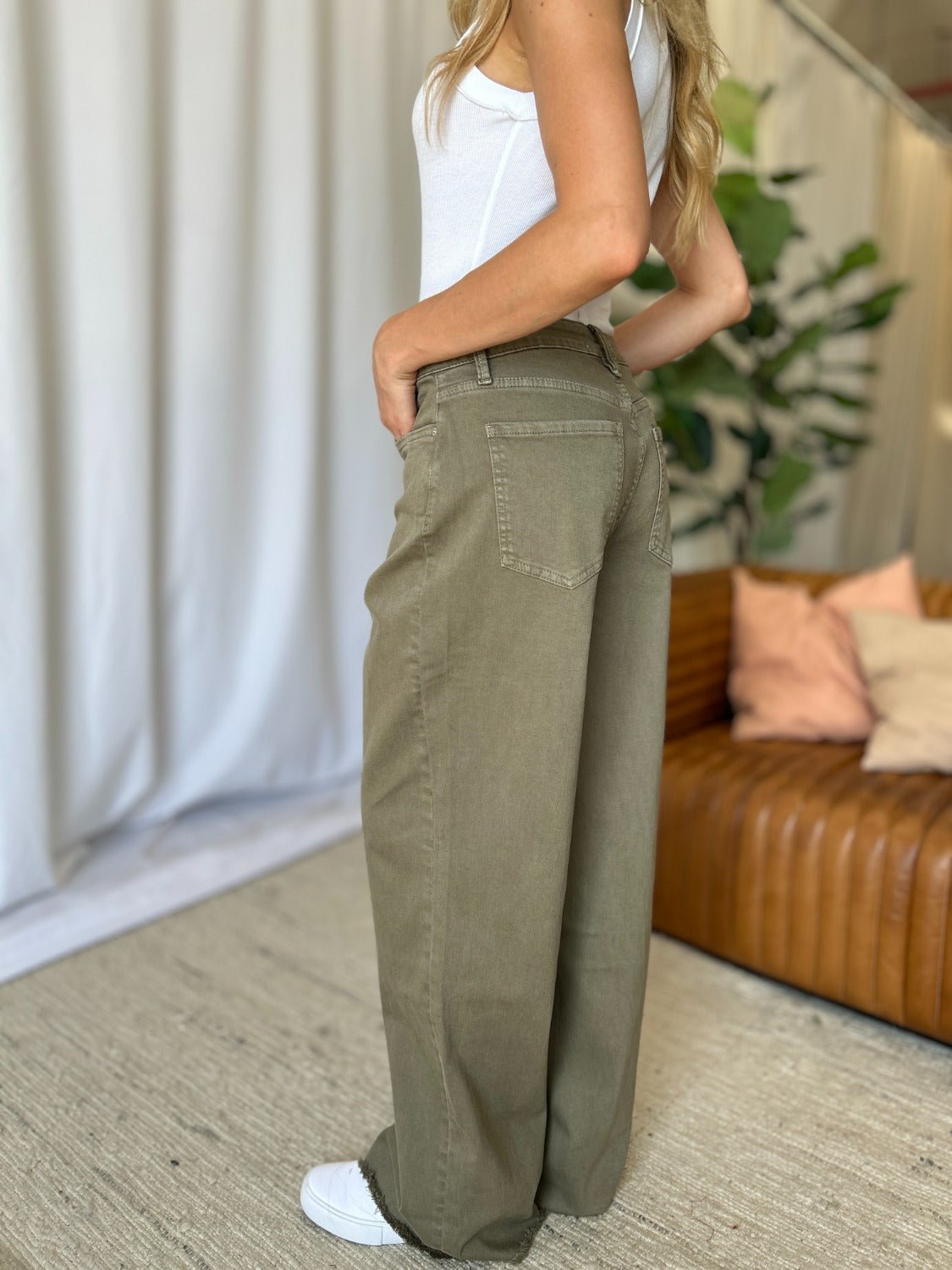 ROYALTY FOR ME - High Rise Garment Dye Wide Leg Jeans in Sage