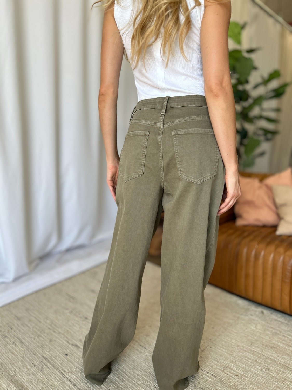 ROYALTY FOR ME - High Rise Garment Dye Wide Leg Jeans in Sage