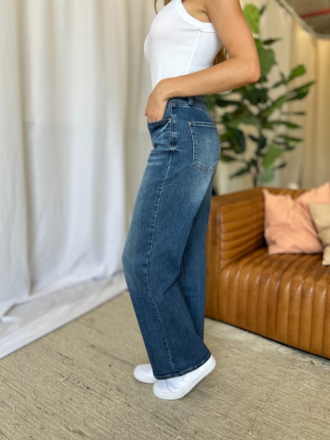 ROYALTY FOR ME - Medium Wash High Rise Tummy Control Wide Leg Jeans