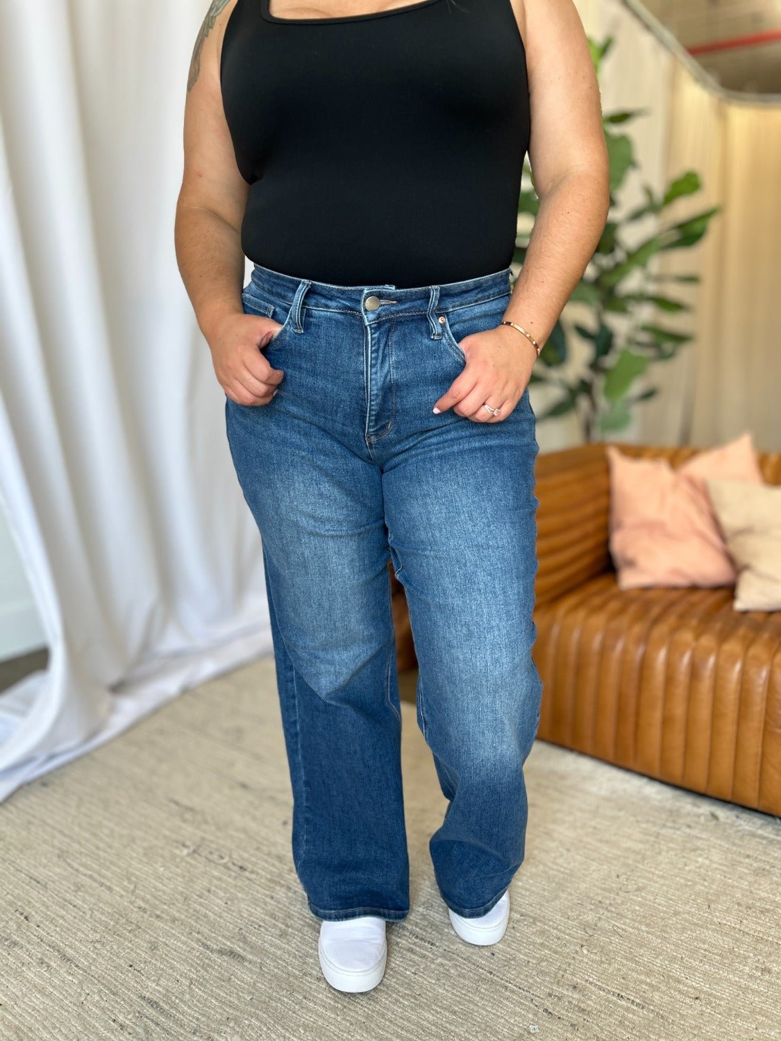 ROYALTY FOR ME - Medium Wash High Rise Tummy Control Wide Leg Jeans