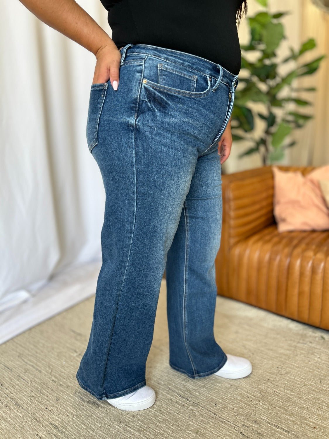 ROYALTY FOR ME - Medium Wash High Rise Tummy Control Wide Leg Jeans