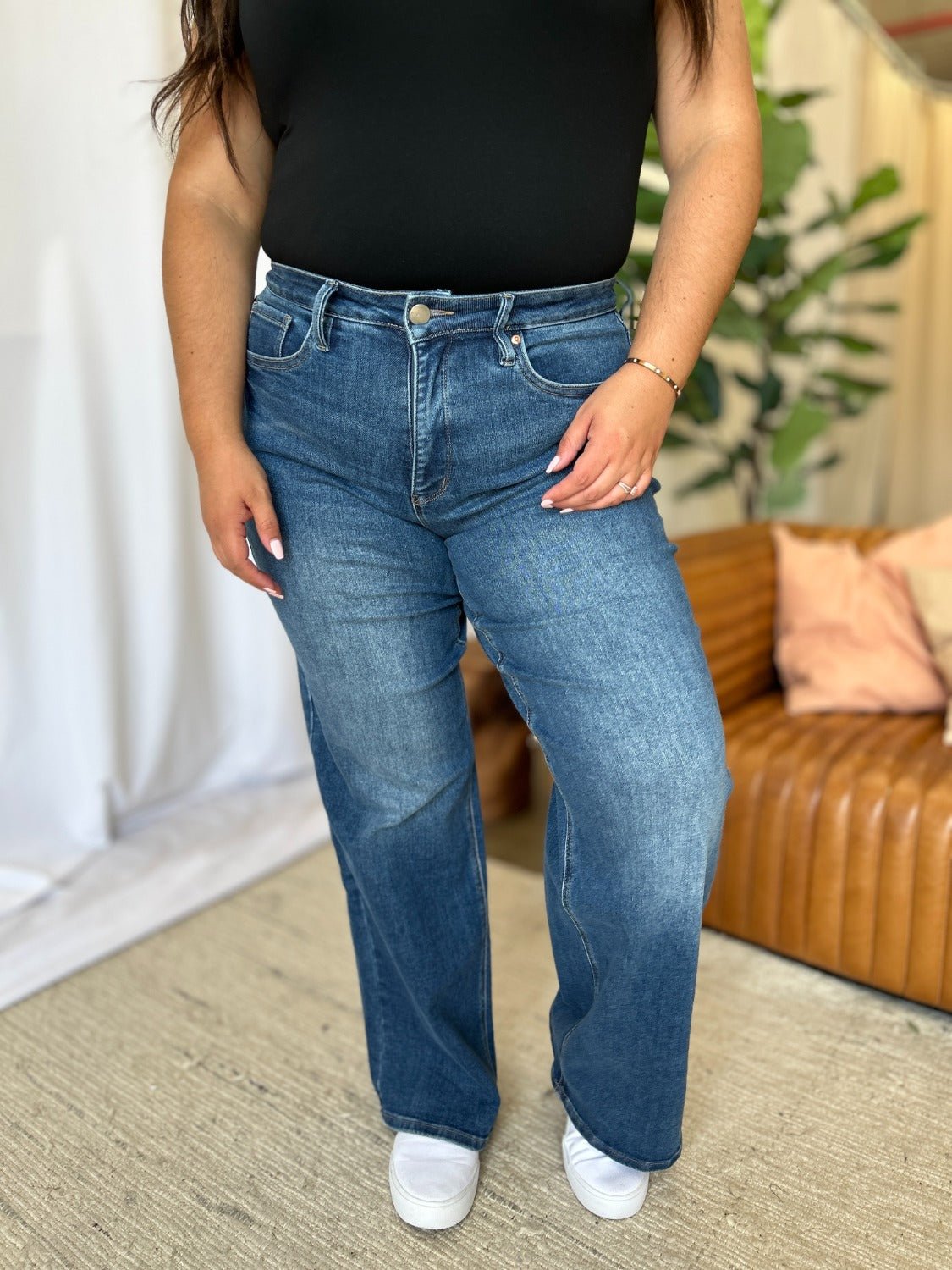 ROYALTY FOR ME - Medium Wash High Rise Tummy Control Wide Leg Jeans