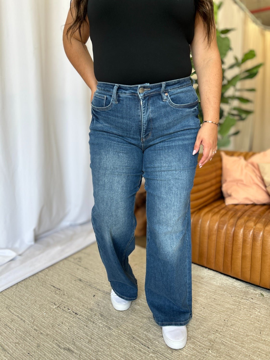 ROYALTY FOR ME - Medium Wash High Rise Tummy Control Wide Leg Jeans