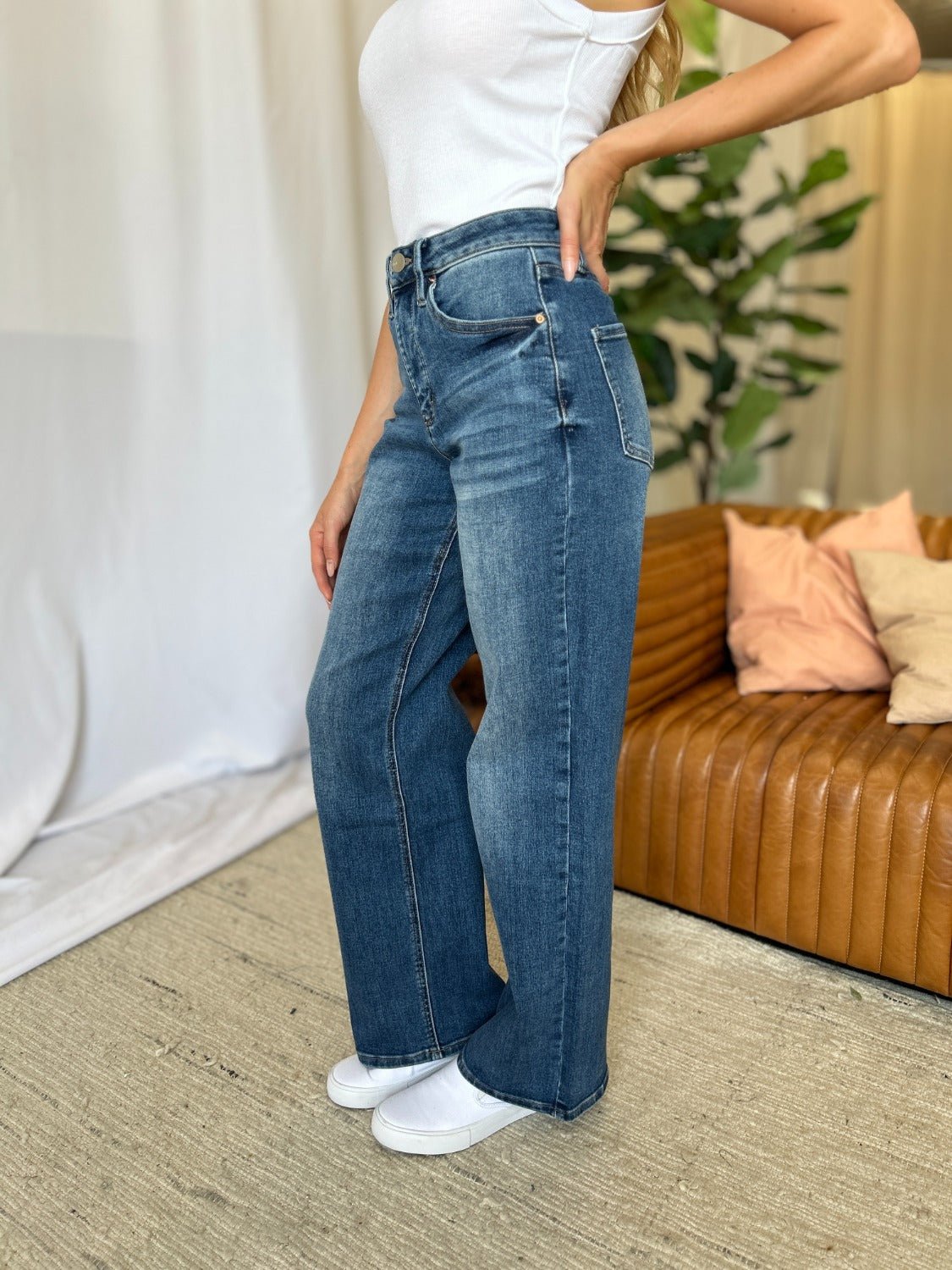 ROYALTY FOR ME - Medium Wash High Rise Tummy Control Wide Leg Jeans