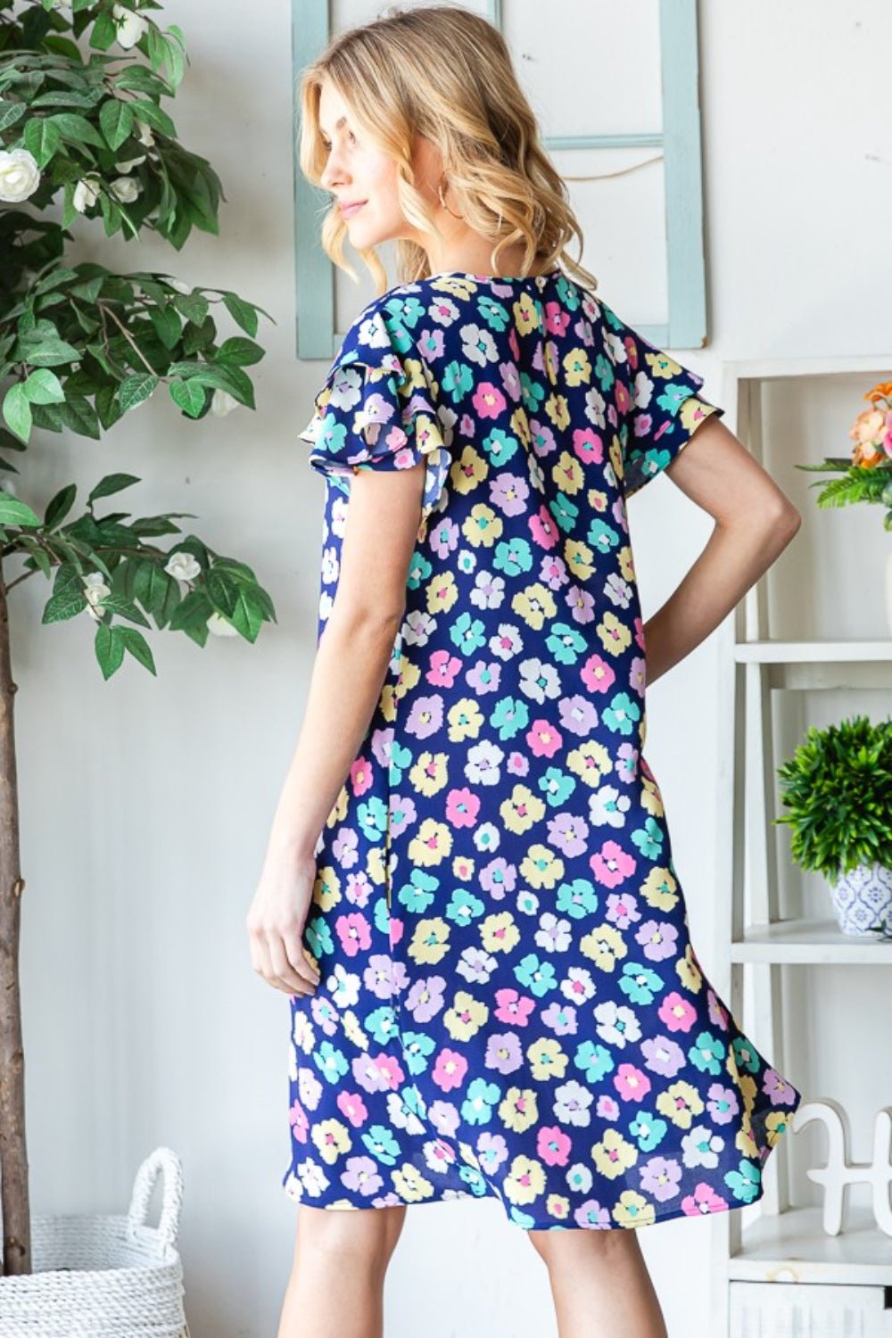 Ruffle Sleeve Knee-Length Dress with Pockets in Navy FloralKnee-Length DressHeimish