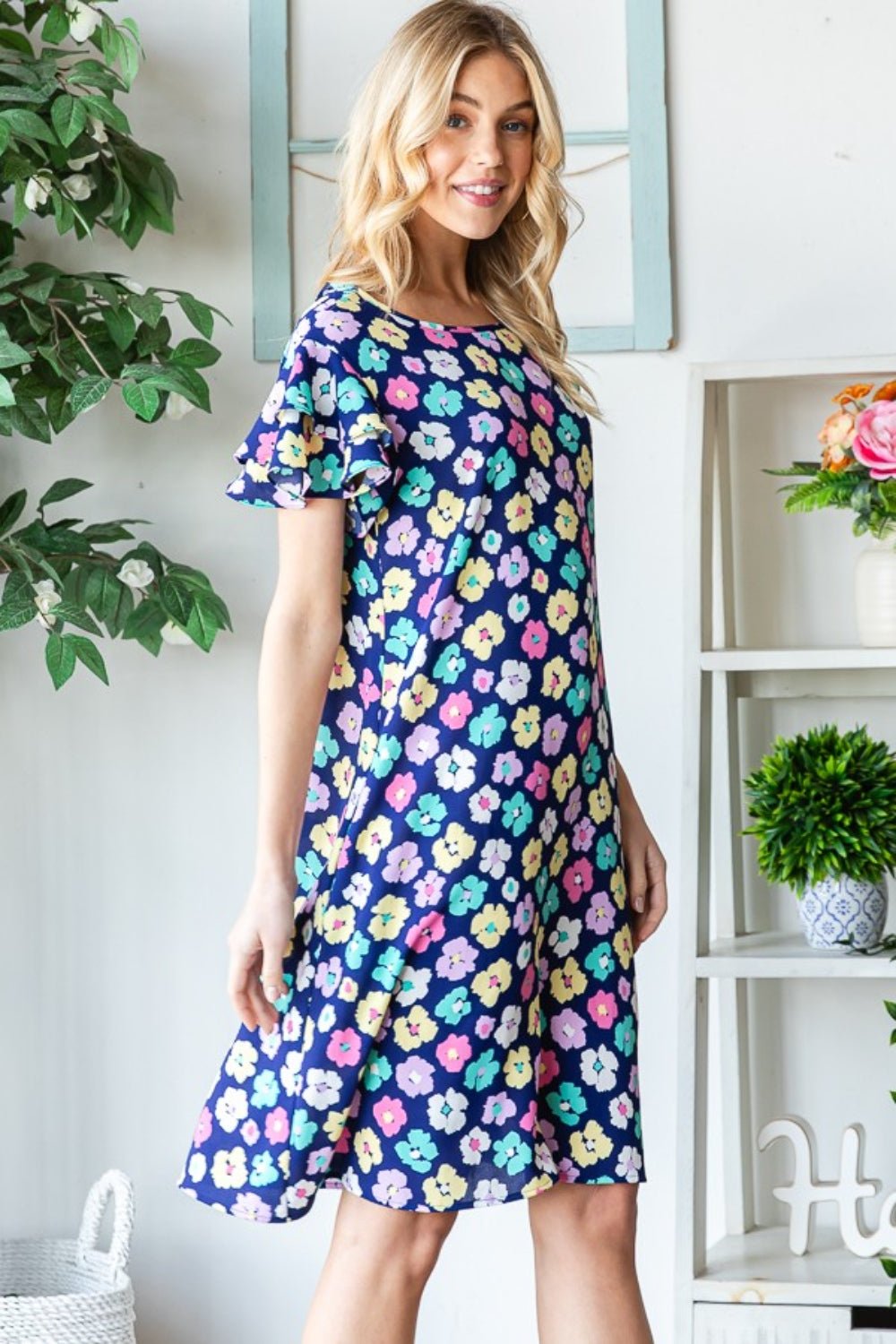 Ruffle Sleeve Knee-Length Dress with Pockets in Navy FloralKnee-Length DressHeimish