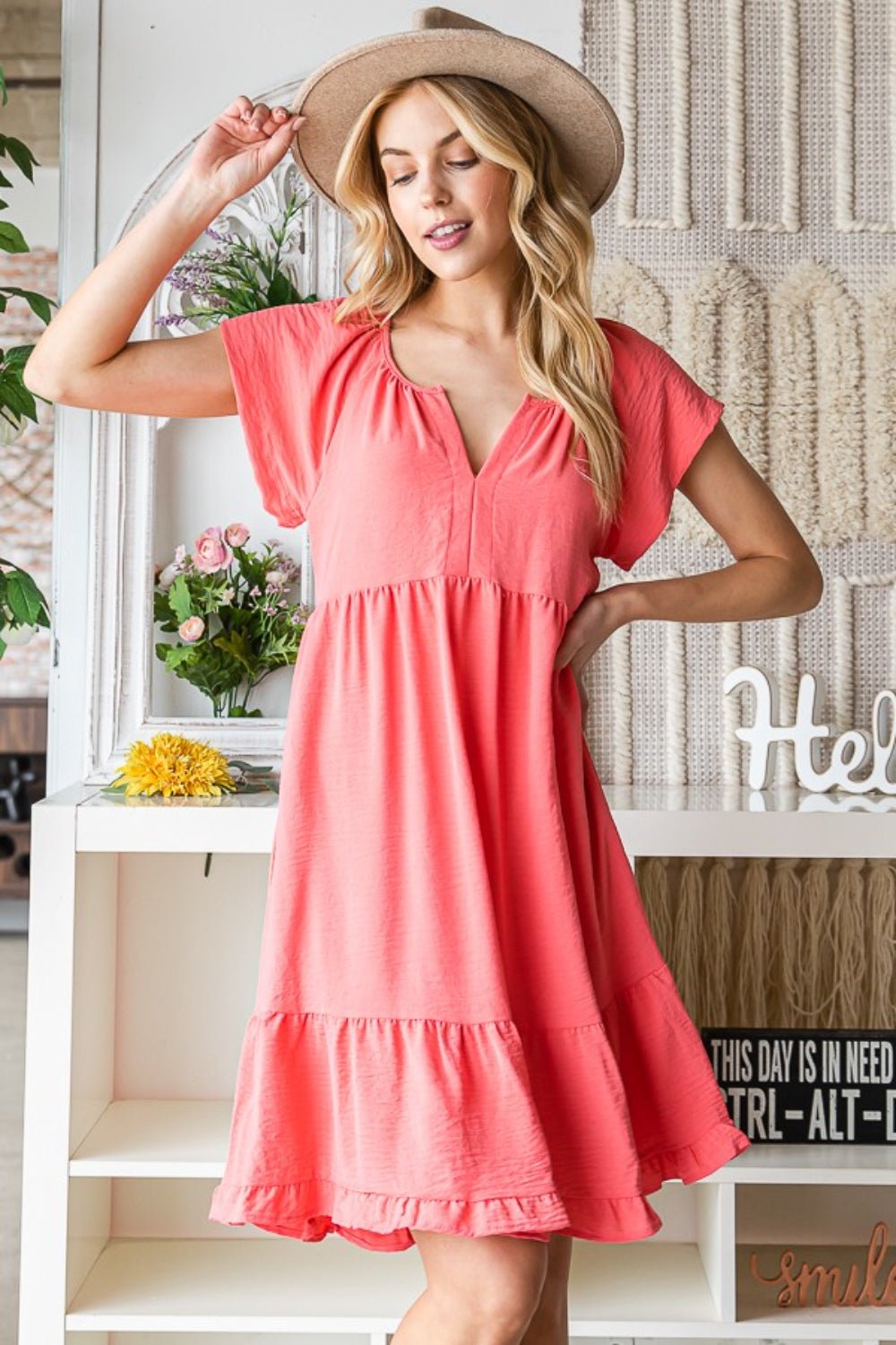 Ruffled Cap Sleeve Mini Dress in CoralMini DressReborn J