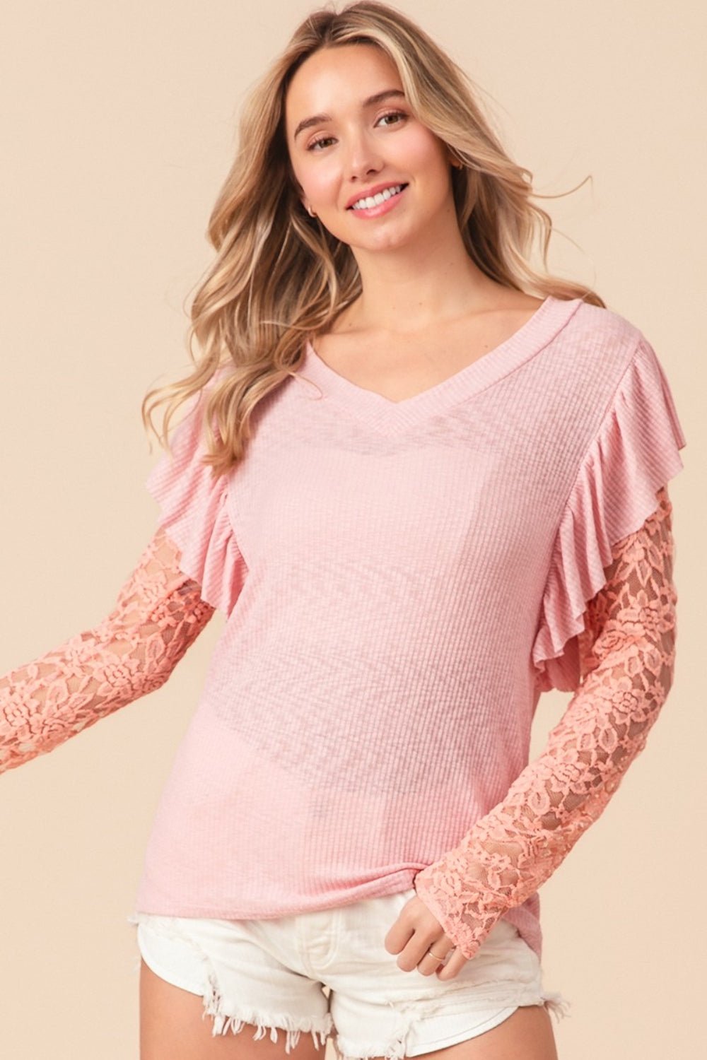 Ruffled Lace Sleeve Rib Knit Top in Blush PinkTopBiBi