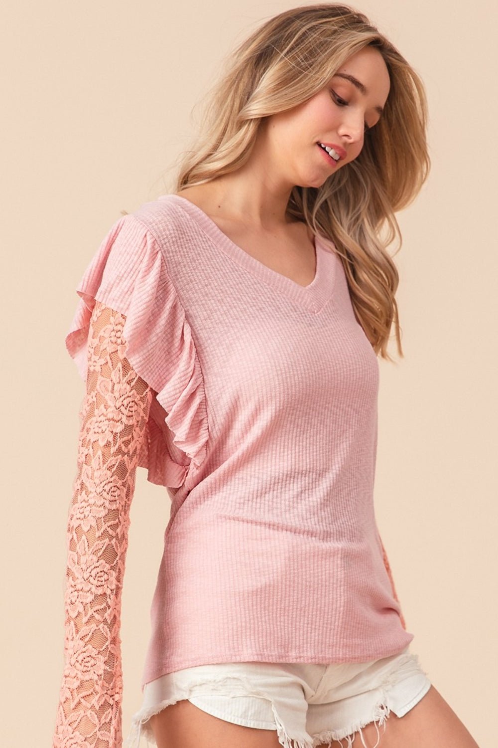 Ruffled Lace Sleeve Rib Knit Top in Blush PinkTopBiBi