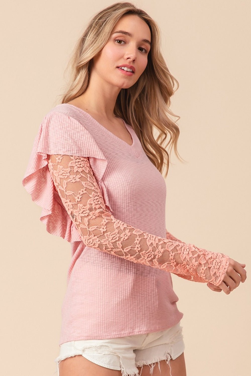 Ruffled Lace Sleeve Rib Knit Top in Blush PinkTopBiBi