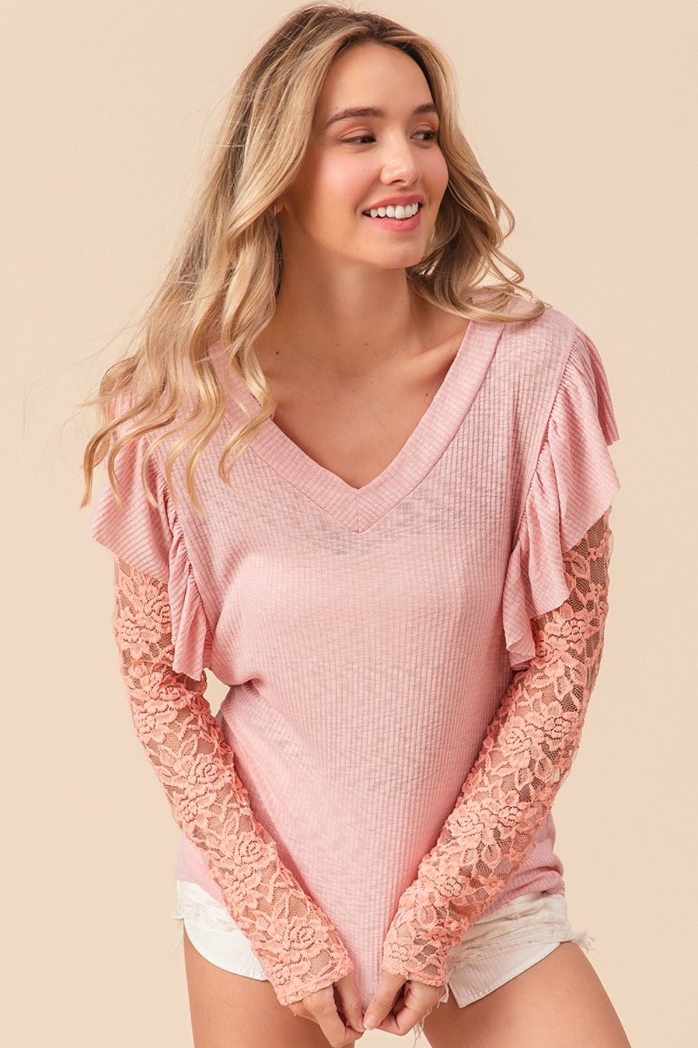 Ruffled Lace Sleeve Rib Knit Top in Blush PinkTopBiBi