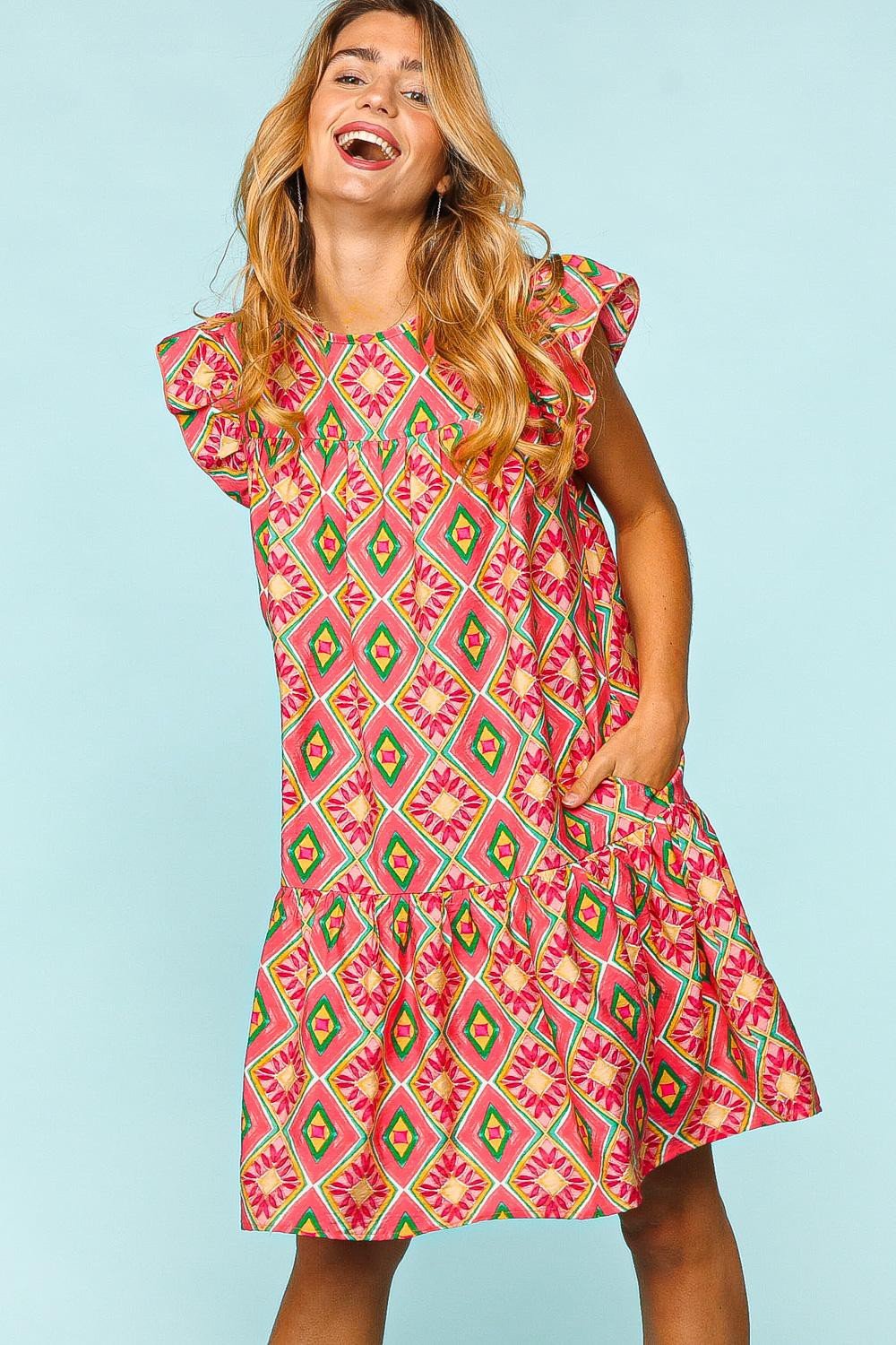 Ruffled Printed Mini Dress with Pockets in CoralMini DressHaptics