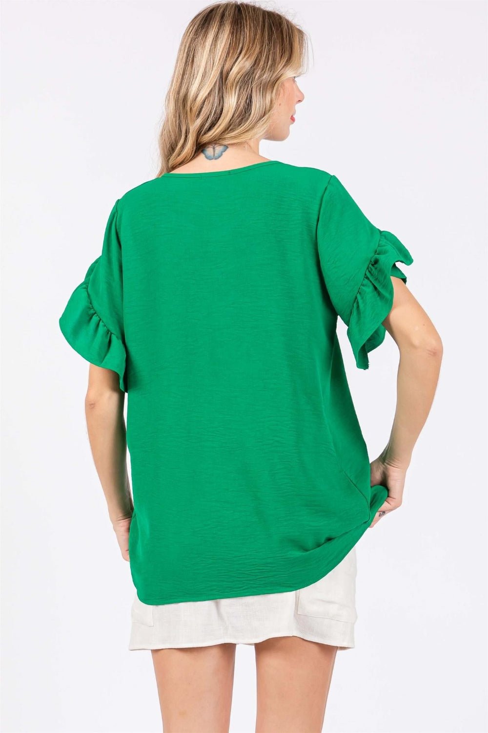 Ruffled Short Sleeve V-Neck Blouse in Kelly GreenBlouseGeeGee