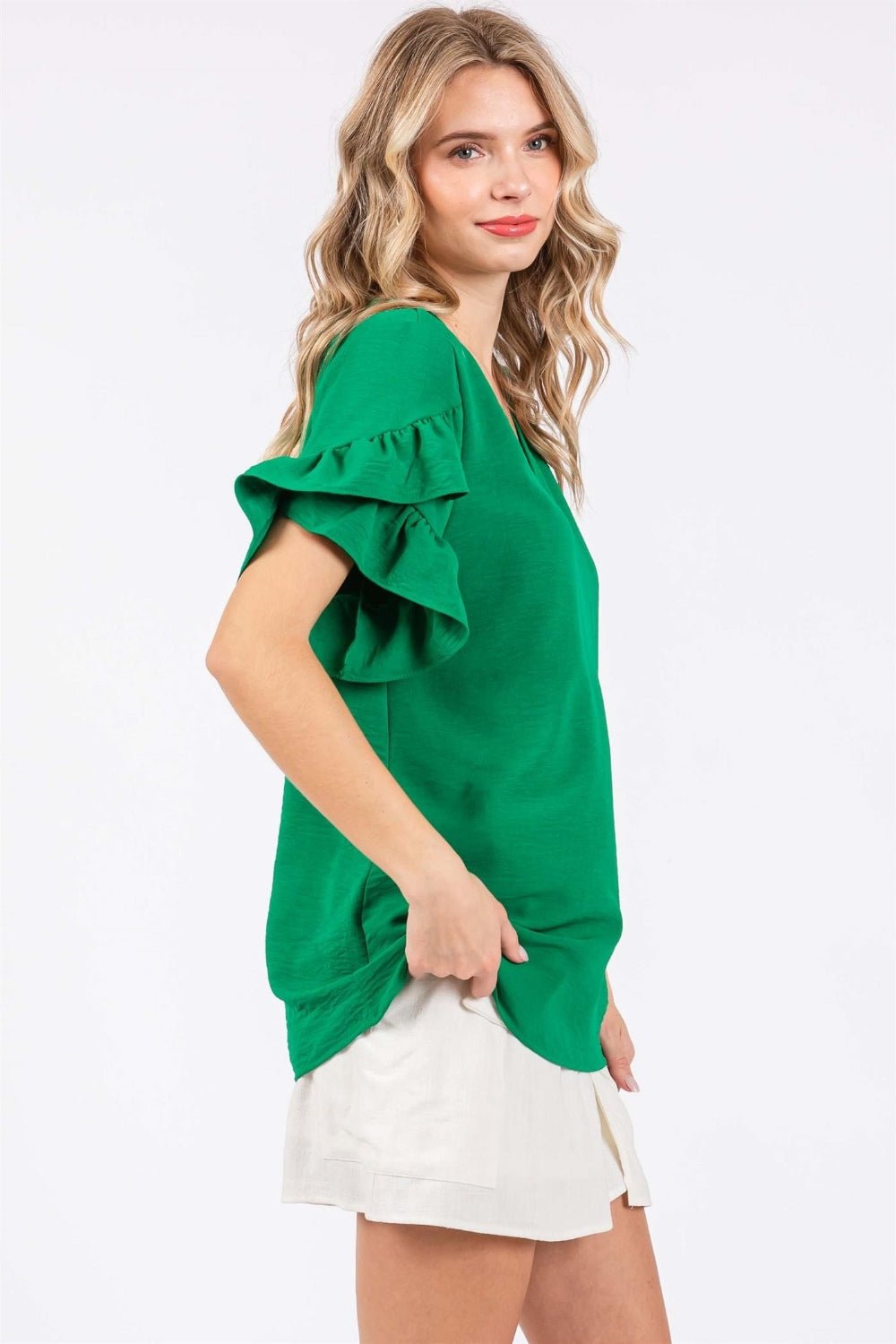Ruffled Short Sleeve V-Neck Blouse in Kelly GreenBlouseGeeGee