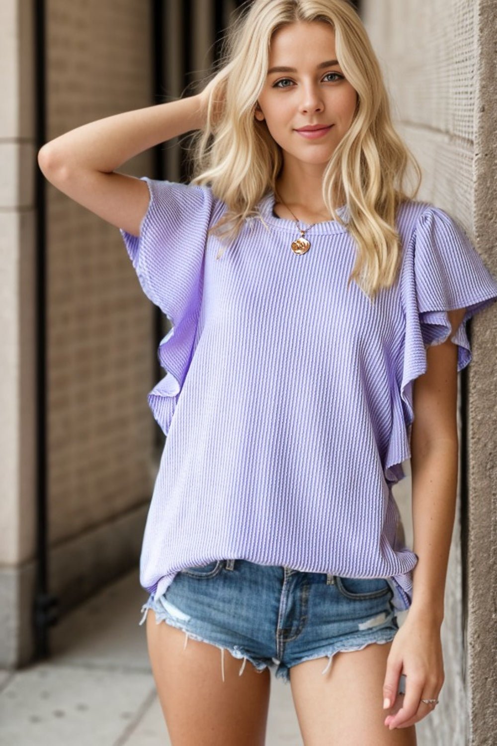 Ruffled Sleeve Rib Knit Top in LavenderTopHeimish