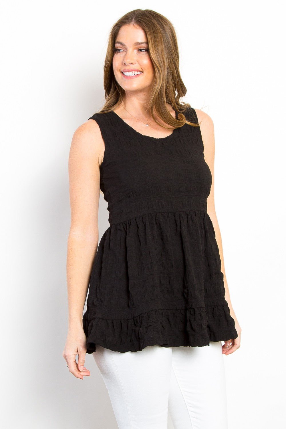 Ruffled Sleeveless Babydoll Top in BlackTopBe Stage