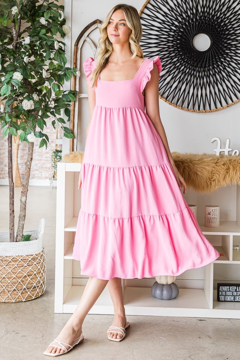 Ruffled Sleeveless Tiered Midi Dress in Bubble PinkMidi DressReborn J