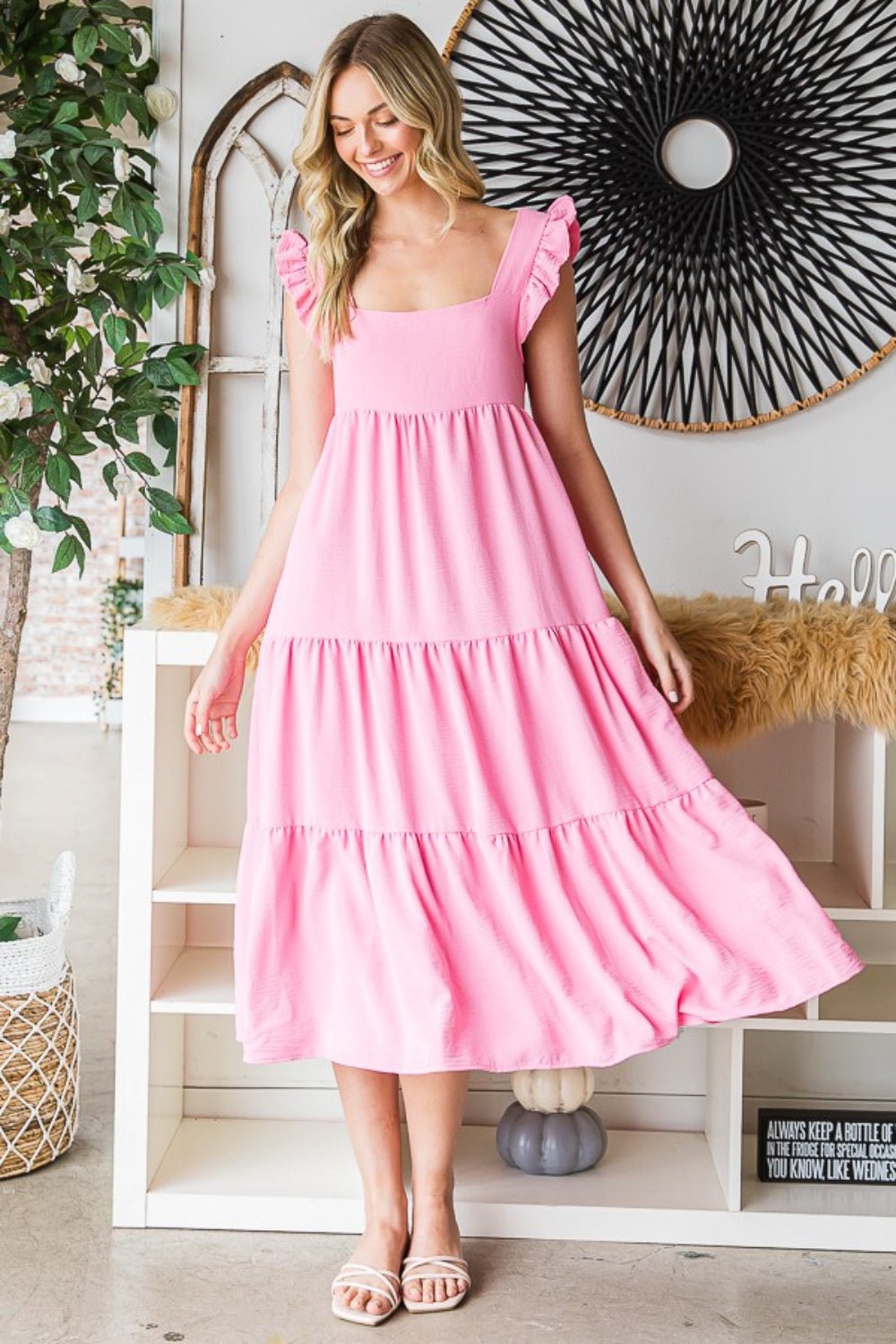 Ruffled Sleeveless Tiered Midi Dress in Bubble PinkMidi DressReborn J