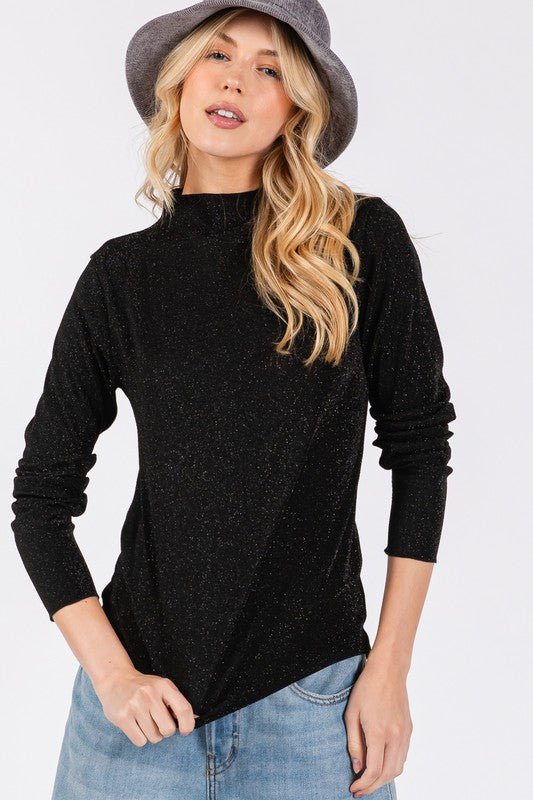 SAGE+FIG - Black Glittery Long Sleeve Mock Neck Top