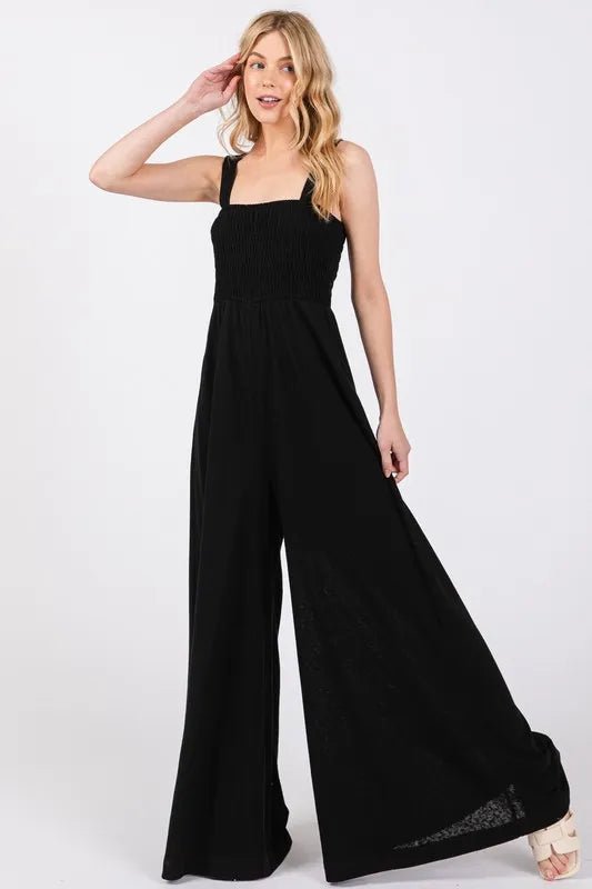 SAGE+FIG - Black Smocked Wide Leg Jumpsuit