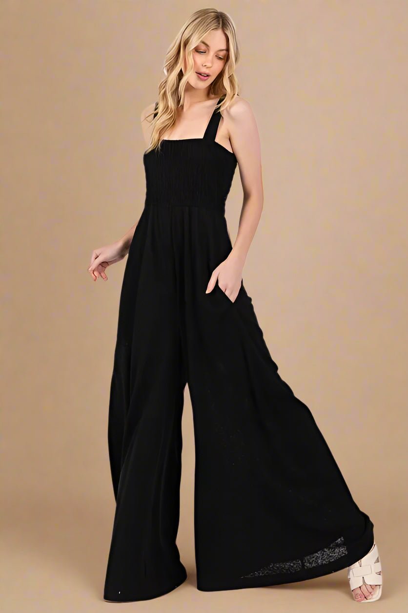 SAGE+FIG - Black Smocked Wide Leg Jumpsuit