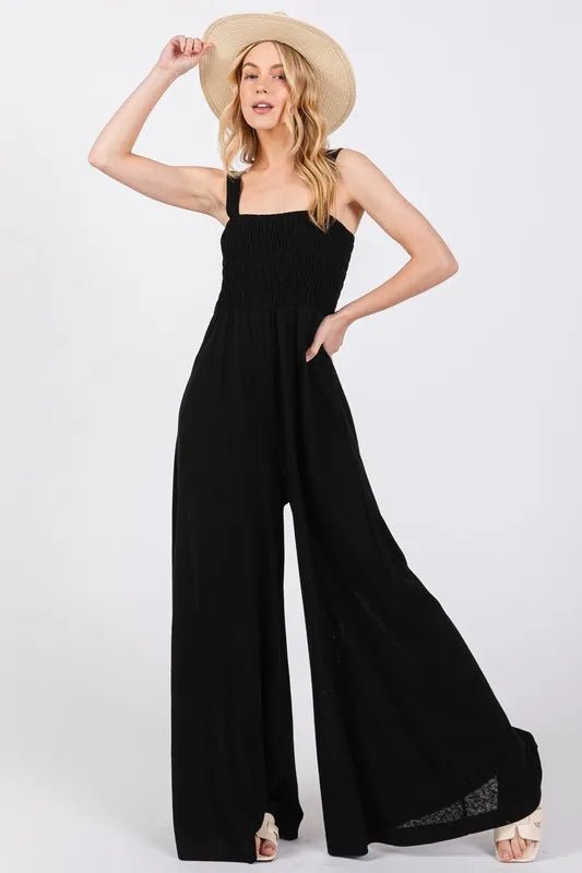 SAGE+FIG - Black Smocked Wide Leg Jumpsuit