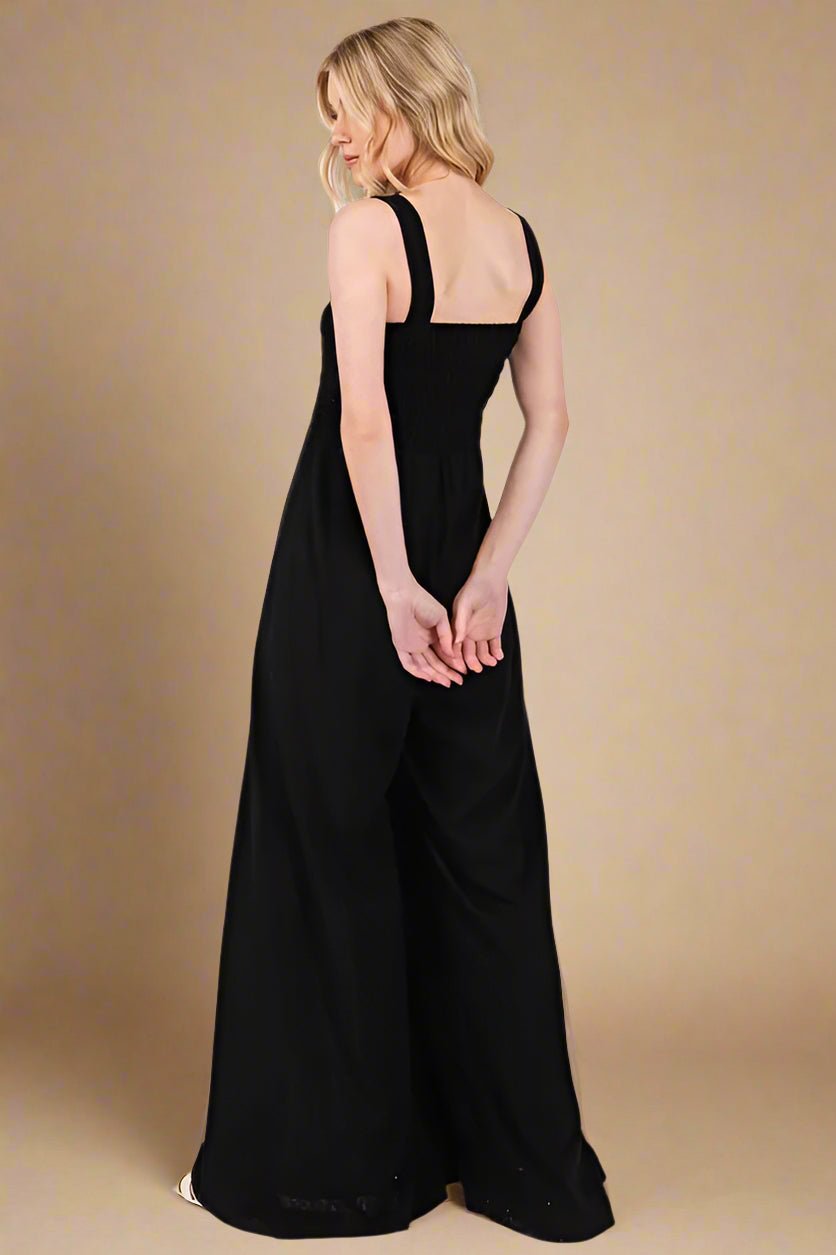 SAGE+FIG - Black Smocked Wide Leg Jumpsuit