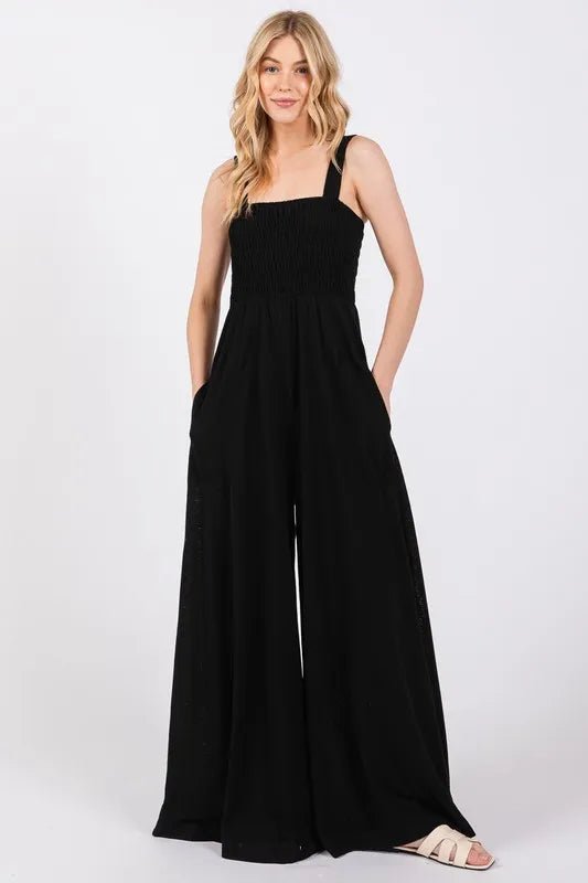 SAGE+FIG - Black Smocked Wide Leg Jumpsuit