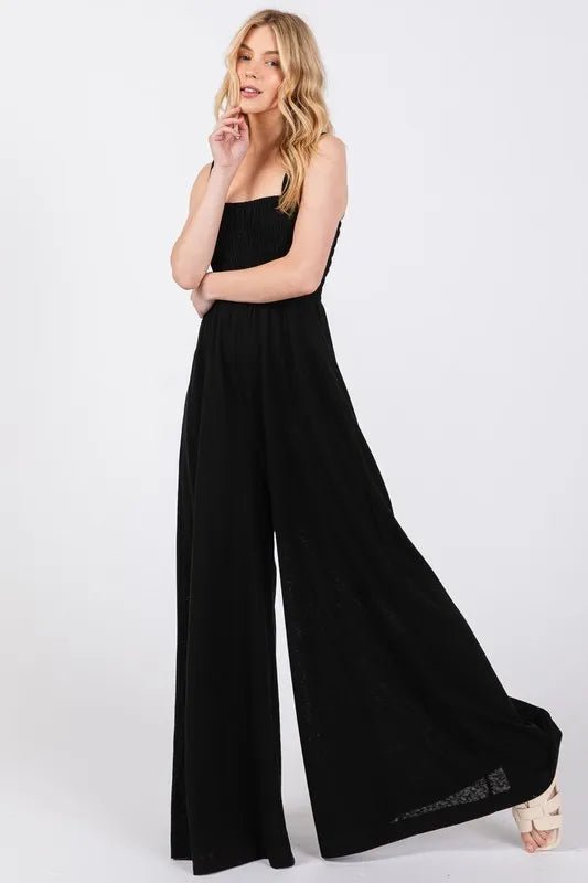 SAGE+FIG - Black Smocked Wide Leg Jumpsuit