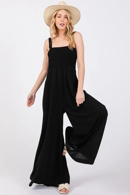SAGE+FIG - Black Smocked Wide Leg Jumpsuit