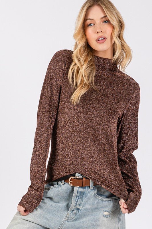 SAGE+FIG - Brown Glittery Long Sleeve Mock Neck Top