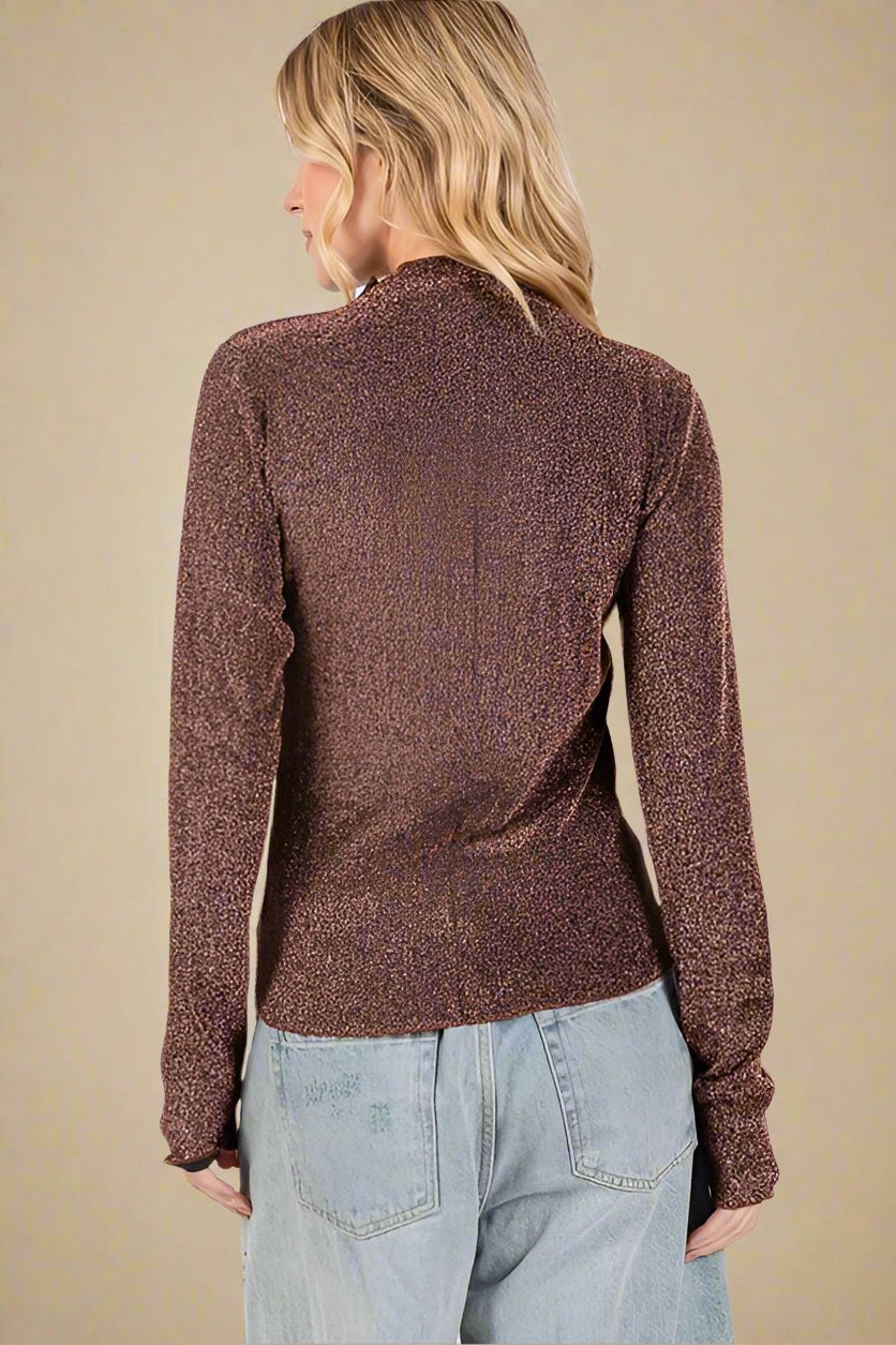 SAGE+FIG - Brown Glittery Long Sleeve Mock Neck Top