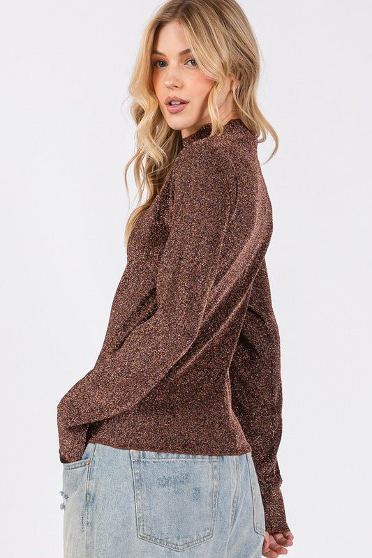 SAGE+FIG - Brown Glittery Long Sleeve Mock Neck Top