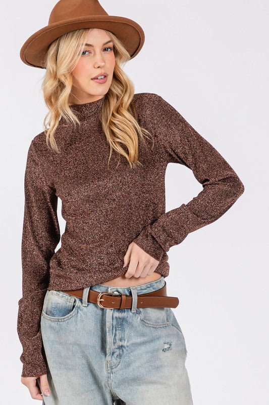 SAGE+FIG - Brown Glittery Long Sleeve Mock Neck Top