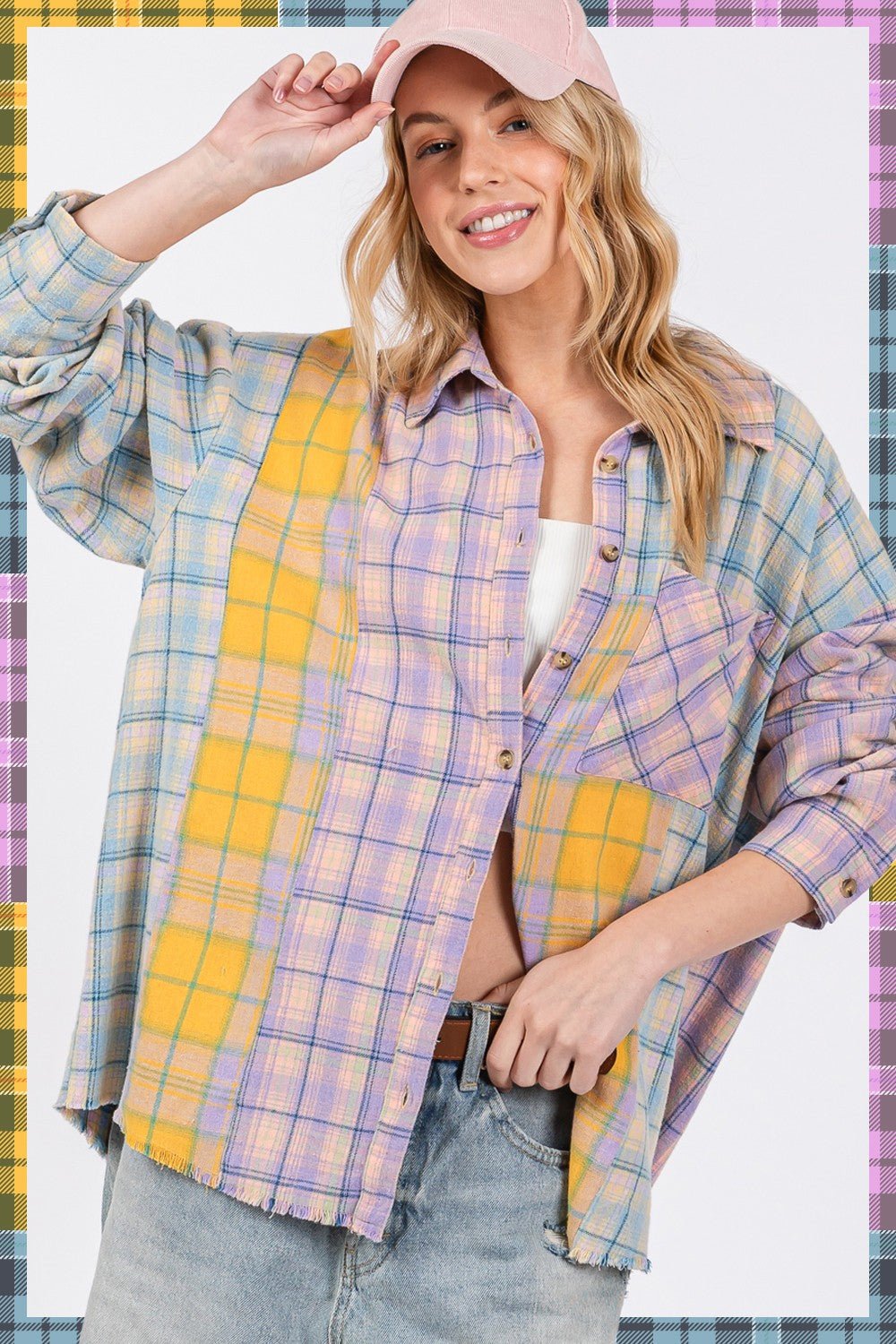 SAGE+FIG - Button Up Raw Hem Plaid Flannel Shirt in Lavender