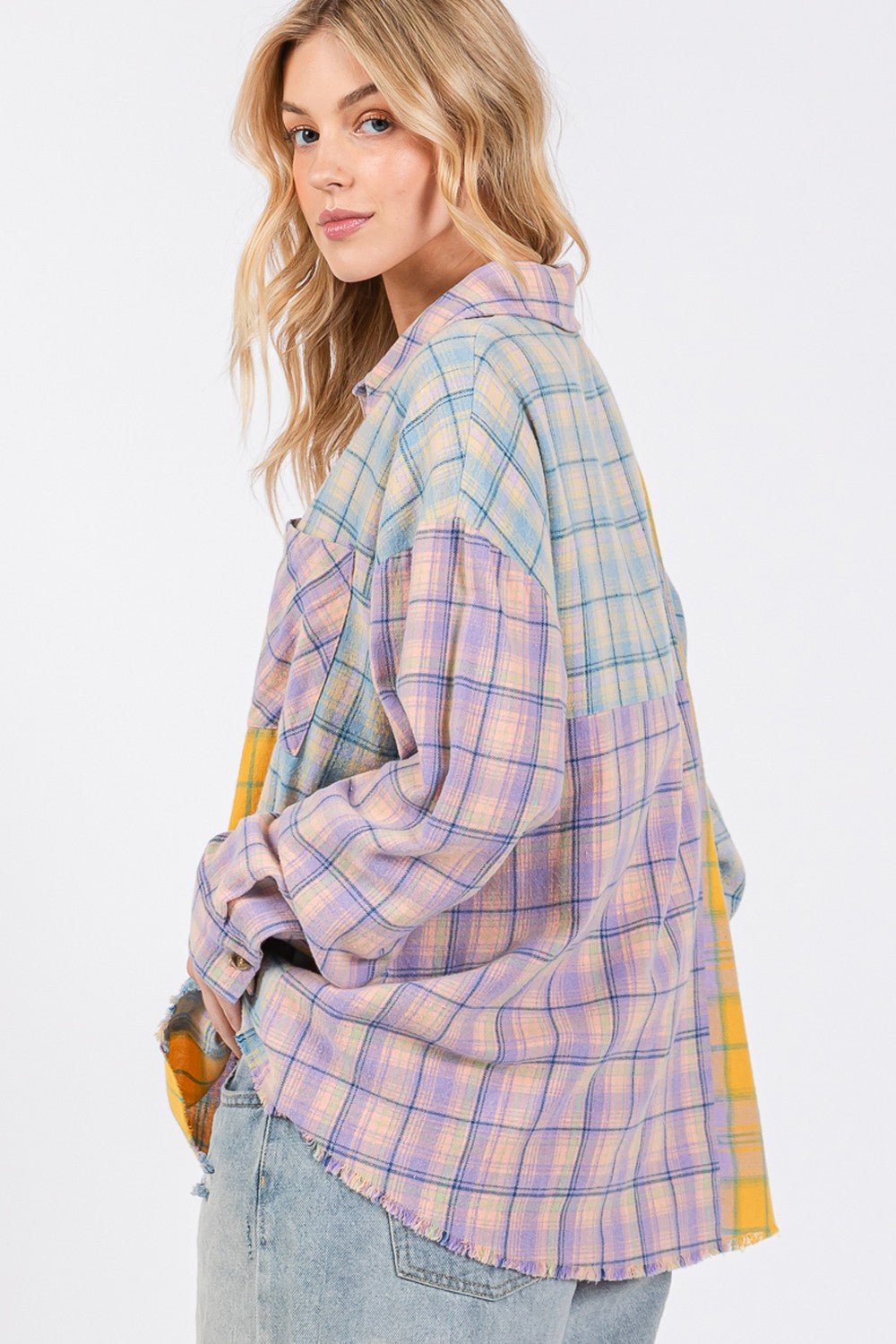 SAGE+FIG - Button Up Raw Hem Plaid Flannel Shirt in Lavender